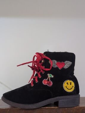 Paris Blues Black Velvet Lace-Up Boots with Red Laces and Colorful Patches
